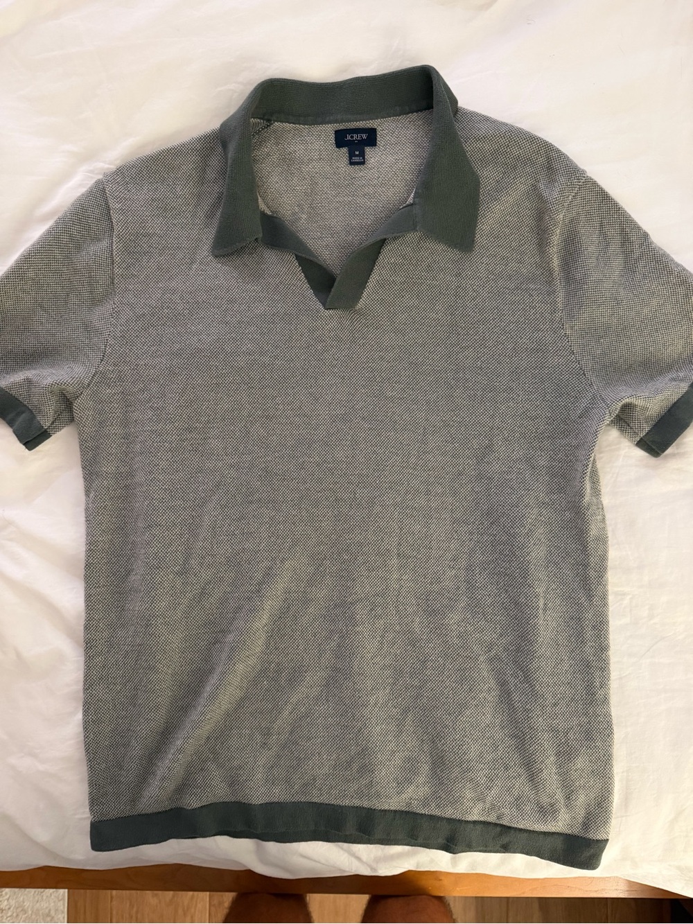 J.Crew Men’s Merino Wool Blend Knit Sweater Polo Gray with Green Trim M